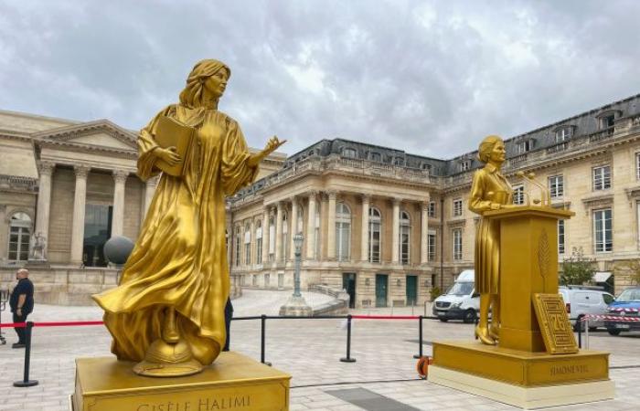 Statues of the 10 golden women from the opening ceremony on display at the National Assembly