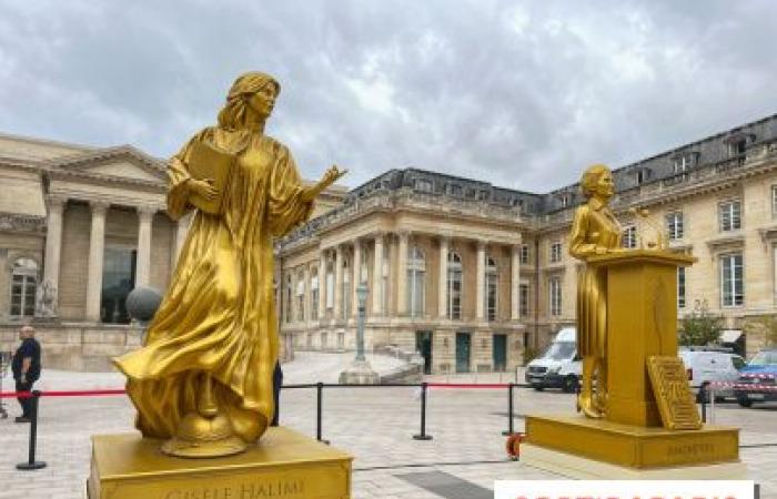 Statues of the 10 golden women from the opening ceremony on display at the National Assembly