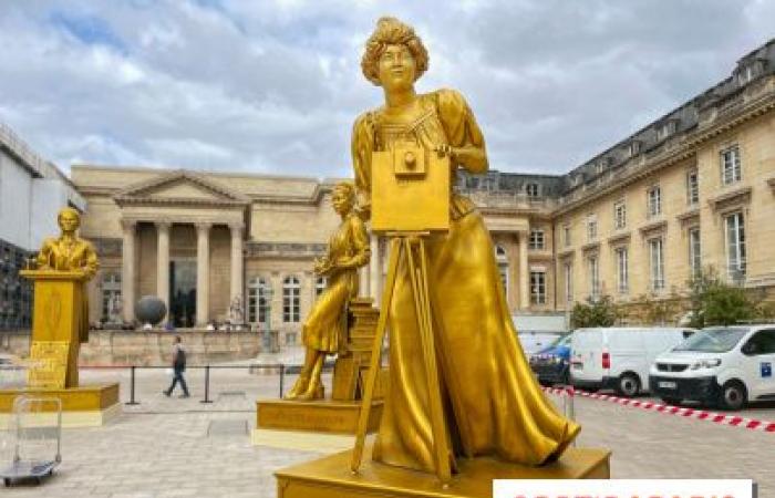 Statues of the 10 golden women from the opening ceremony on display at the National Assembly