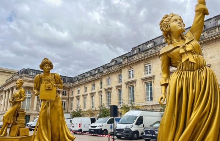 Statues of the 10 golden women from the opening ceremony on display at the National Assembly