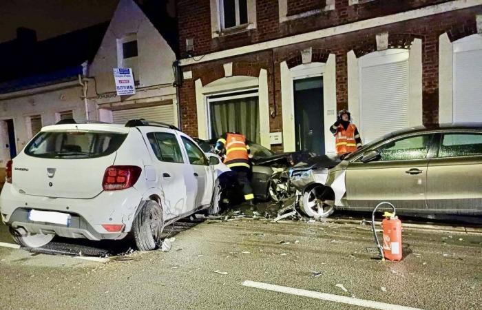 in Sin-le-Noble, he collides (at too fast a speed?) with parked cars