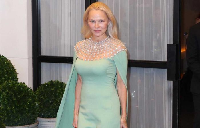 Without makeup, Pamela Anderson strikes a pose in a green dress draped with a cape with a diamond-studded neckline