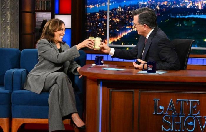 Kamala Harris has a beer live during a show