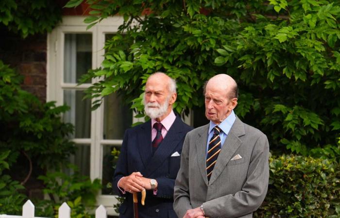 Surprise appearance Duke of Kent with his wife to celebrate his 89th birthday to the sound of bagpipes with Lord Nicholas Windsor and Prince Michael