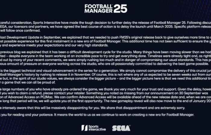 Football Manager 25 is delayed