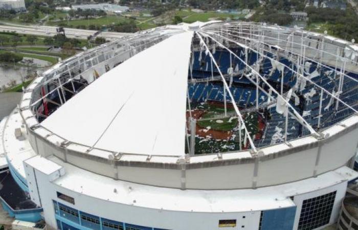 Hurricane Milton tears the roof off the Rays’ Tropicana Area. It was built to withstand winds of 115 mph