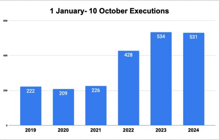 12 executions on the eve of the World Day Against the Death Penalty and 531 executions in 2024