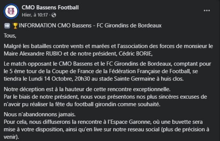 Coupe de France: press release from CMO Bassens for the match against the Girondins