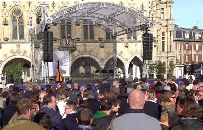 the mayor of Arras pays tribute to Dominique Bernard during a ceremony in his memory