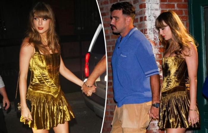 Taylor Swift wears matching velvet corset and skirt on NYC date night with Travis Kelce