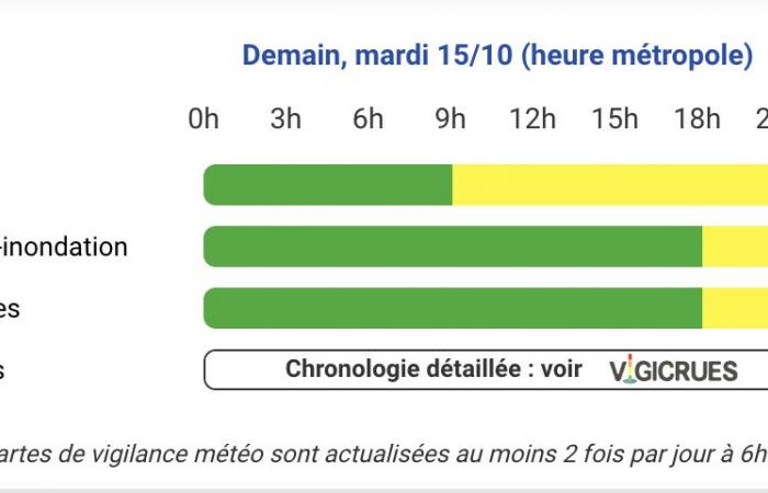 yellow vigilance in Hautes-Pyrénées, Pyrénées-Atlantiques and Haute-Garonne on Tuesday October 15