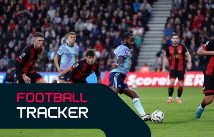 Football Tracker: 10-man Arsenal level with Bournemouth, Kane gives Bayern lead