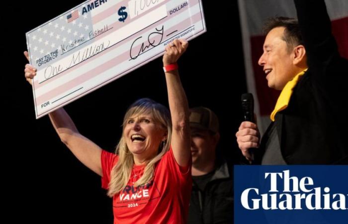 Conspiracy theories and a $1m check: a night at Elon Musk’s surreal election giveaway | US elections 2024