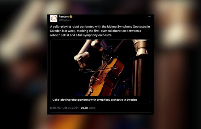 A robot plays the cello alongside a symphony orchestra