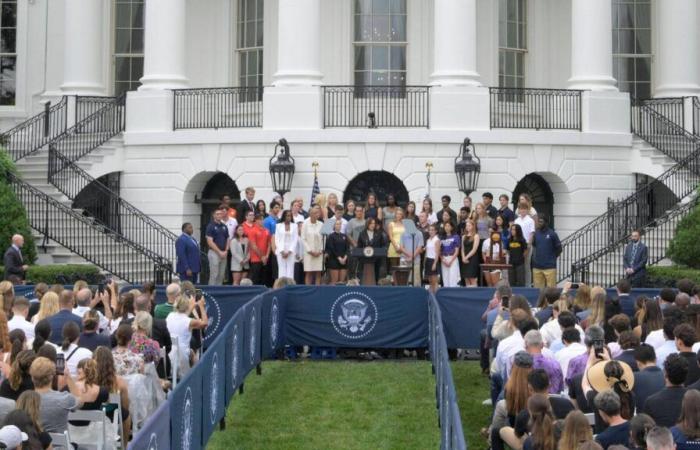 Donald Trump and Kamala Harris track young men on sports fields