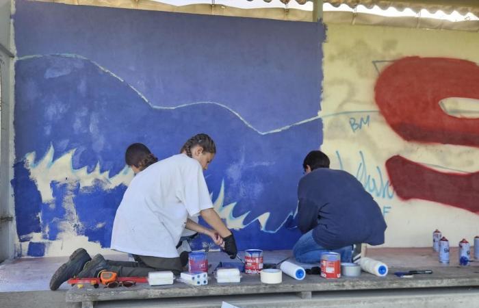 young people painted a fresco on a stadium stand in Sarlat