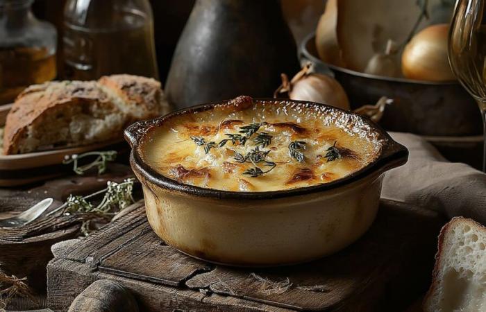 The recipe for onion soup gratinated by Hugo Saint-Jacques