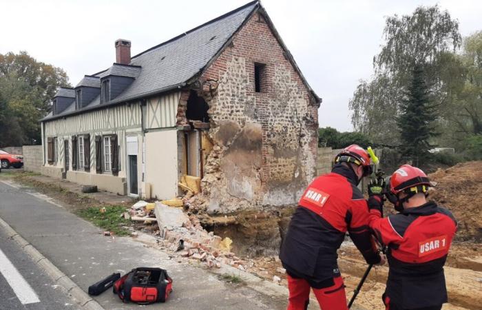 Near Deauville, the gable of a house collapses