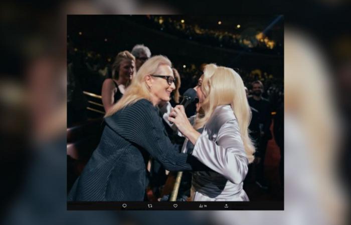 Disguised as Meryl Streep’s character in ‘Death Suits You,’ Adèle kisses the actress during a concert in Las Vegas