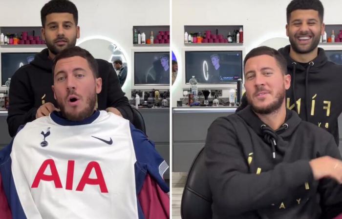 Chelsea fans LOVE Eden Hazard’s reaction as Blues legend is pranked by barber with Tottenham shirt