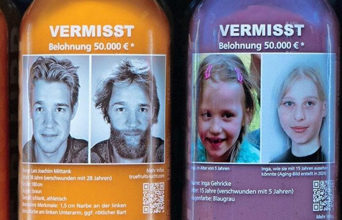 Photos of the missing people printed on juice bottles