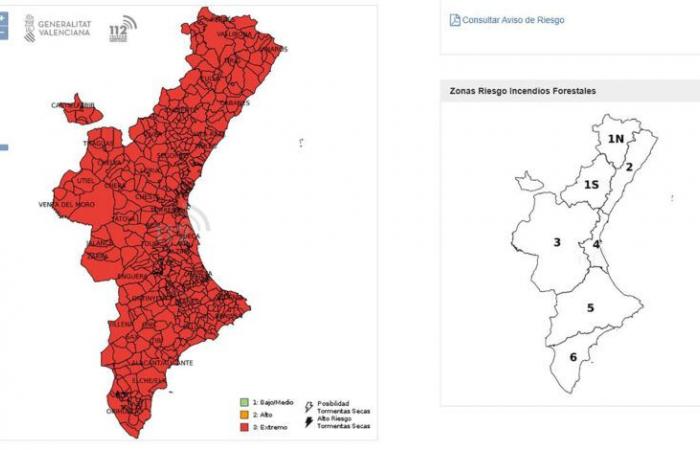 The extreme risk of forest fires is established throughout the Valencian Community