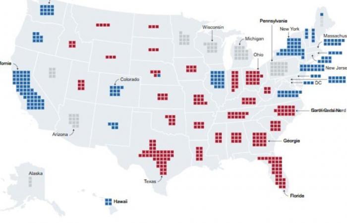 the map of the first results of the American election between Harris and Trump