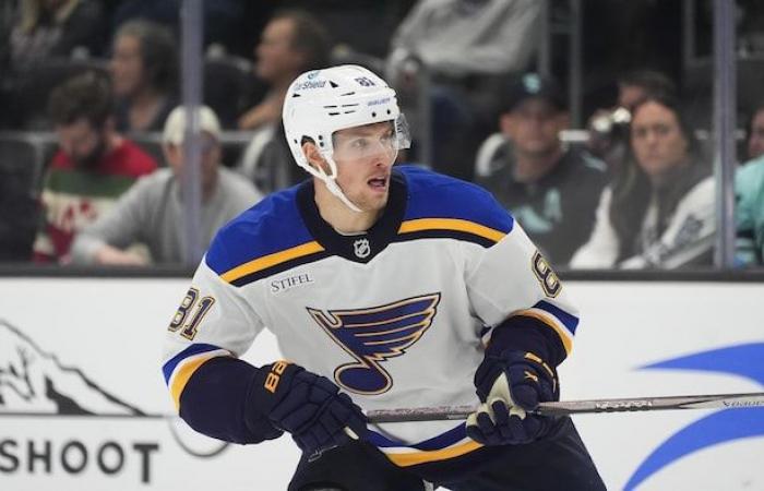 Blues player hospitalized after receiving a puck to the neck