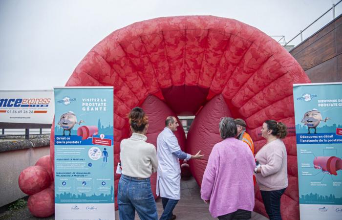 a giant inflatable prostate installed at the hospital to challenge passers-by