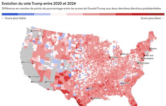 visualize the evolution of the vote for Donald Trump compared to 2020, county by county