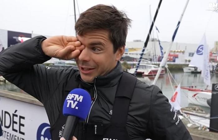 the tears of skipper Sébastien Simon before departure, talking about the separation from his dog