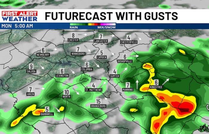 A weak front is slowly pushing through the region producing a few scattered light showers in the Midlands tonight.