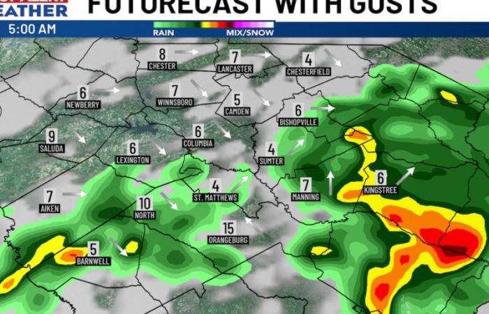 A weak front is slowly pushing through the region producing a few scattered light showers in the Midlands tonight.