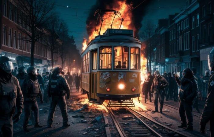 a tram burned during riots