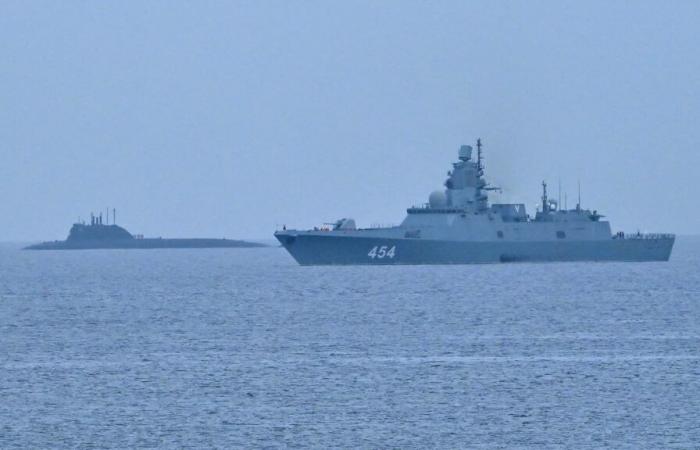 A Russian frigate armed with hypersonic missiles sails across the English Channel towards the Atlantic