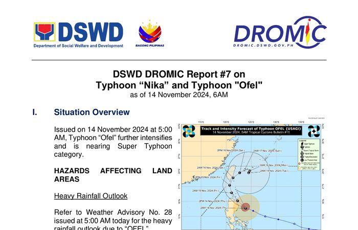 DSWD DROMIC Report #7 on Typhoon “Nika” and Typhoon “Ofel” as of 14 November 2024, 6AM – Philippines