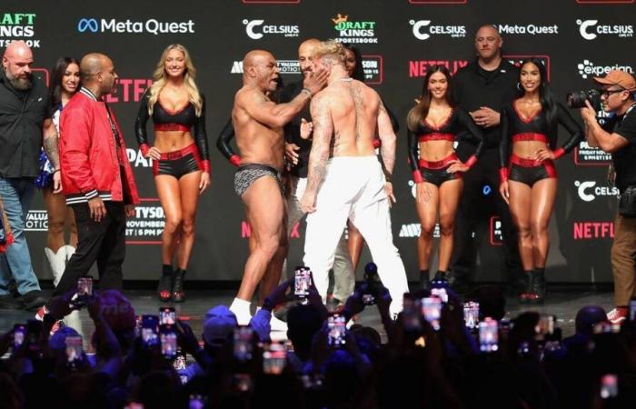 Boxing. Mike Tyson slaps Logan Paul during their final face-to-face before the fight