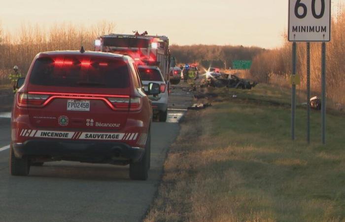 He remains trapped in his burning vehicle after a major collision on Highway 55