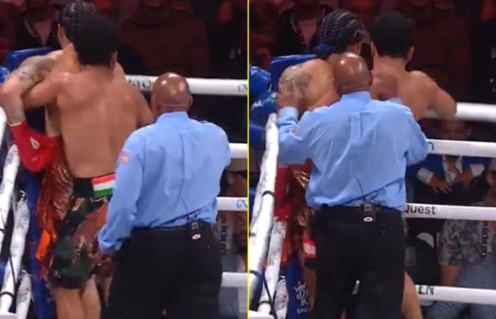 ‘The weirdest thing ever’ – Fans call for boxer to be banned as he bizarrely thrusts on opponent in Jake Paul vs Mike Tyson undercard fight