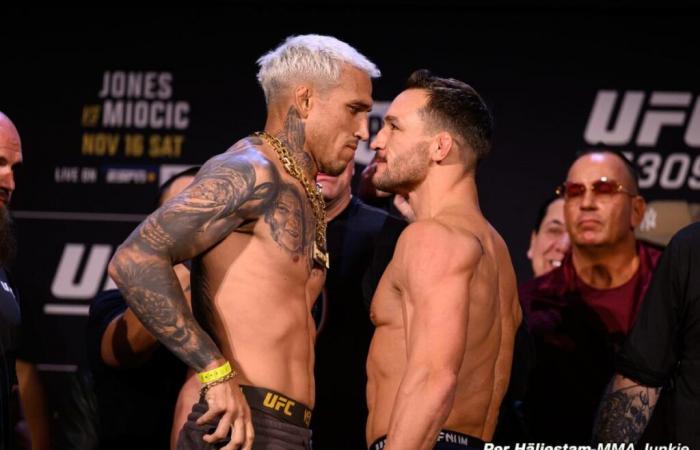 Video: UFC 309 ceremonial weigh-in faceoffs with Charles Oliveira vs. Michael Chandler 2, more