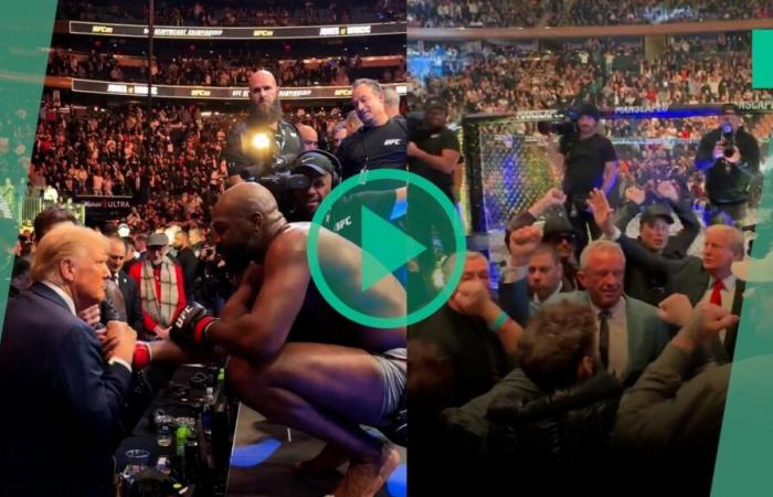 Donald Trump welcomed as a champion during a UFC MMA fight between Jon Jones and Stipe Miocic in New York