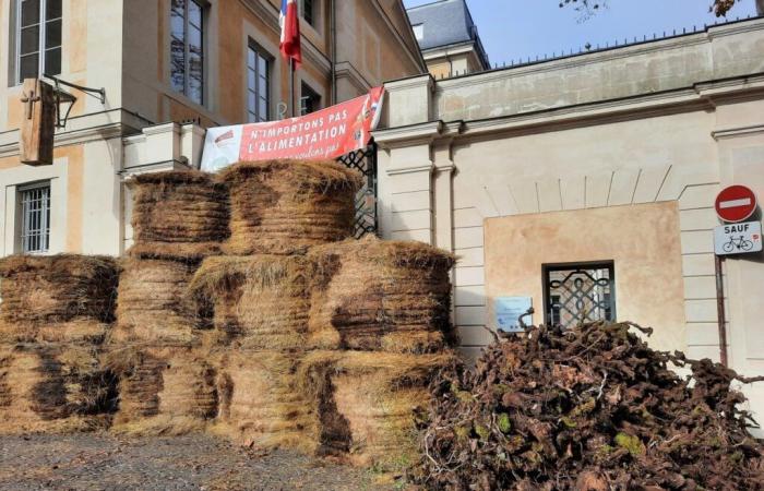 farmers demonstrate and block the entrance to the prefecture