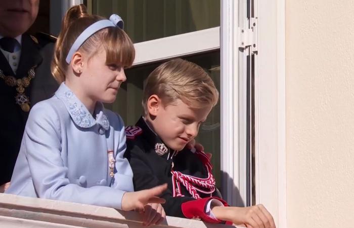 Jacques and Gabriella of Monaco on the balcony with Albert II and Charlene to attend the military parade including the Republican Guard