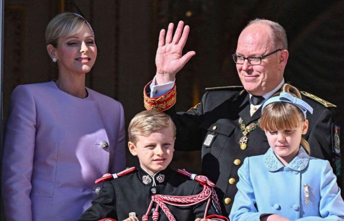 Jacques and Gabriella of Monaco on the balcony with Albert II and Charlene to attend the military parade including the Republican Guard