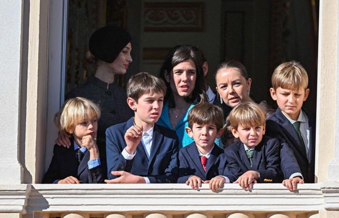 Princess Caroline happy grandmother with her seven grandchildren on the balcony of the princely palace