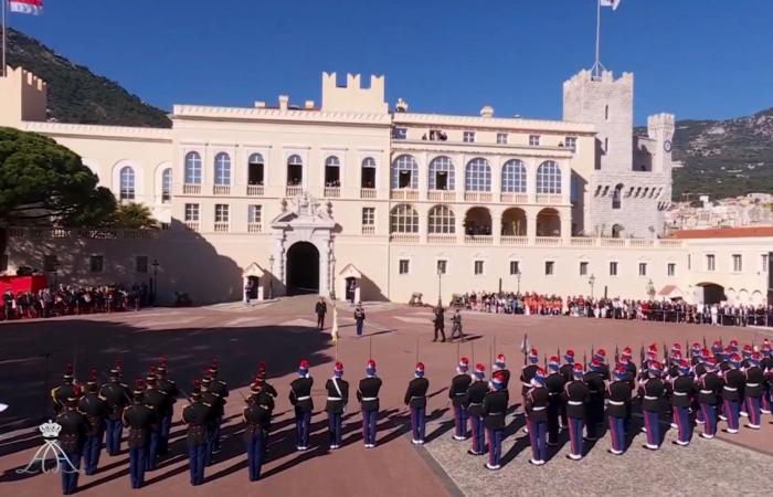 Jacques and Gabriella of Monaco on the balcony with Albert II and Charlene to attend the military parade including the Republican Guard