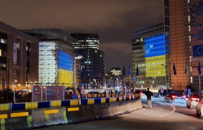 Brussels turns blue and yellow as Ukraine war reaches 1,000 days