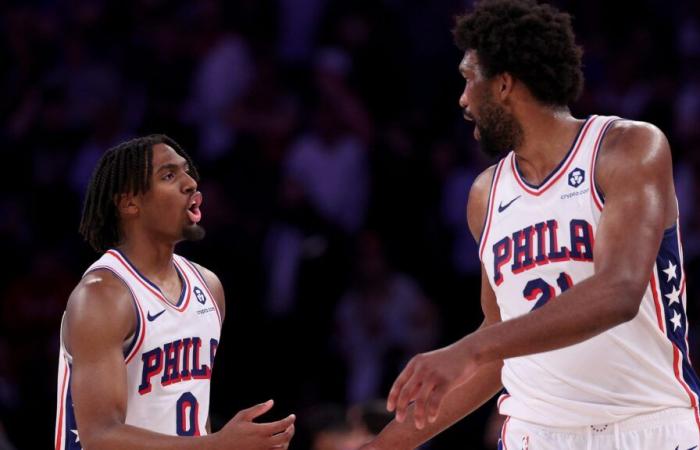 Joel Embiid Tyrese Maxey team meeting Philadelphia 76ers NBA