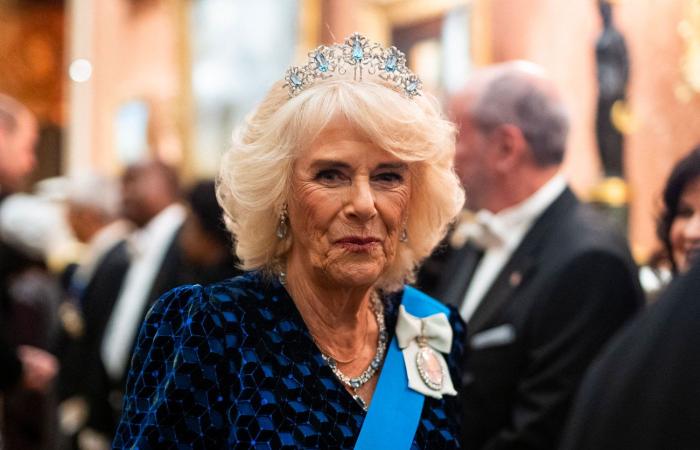 Queen Camilla wears the very rare Queen Elizabeth II aquamarine tiara to honor the diplomatic corps