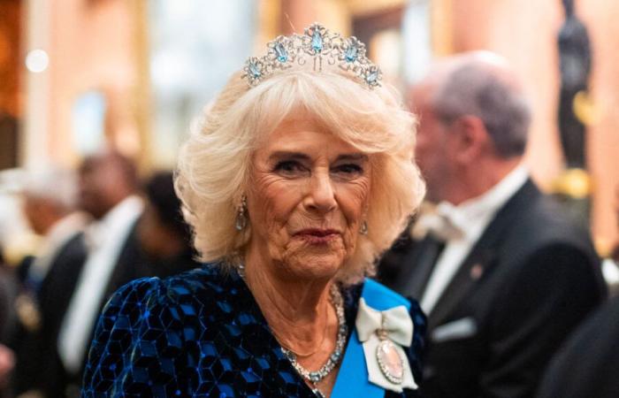 Queen Camilla wears the very rare Queen Elizabeth II aquamarine tiara to honor the diplomatic corps